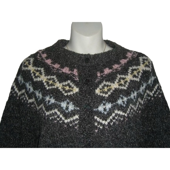 Idioms Sweater Vintage 90's Wool Blend Cardigan Fair Isle Ski Gray Pink Cottage - Picture 9 of 15